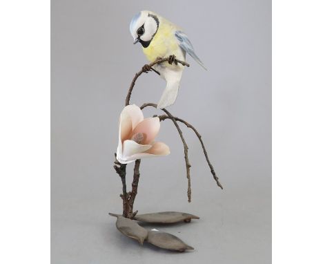 An Albany Fine China Co. ceramic bird study incorporating metal. Modelled as a Blue Tit. Factory mark to metal base. 17 cm ta