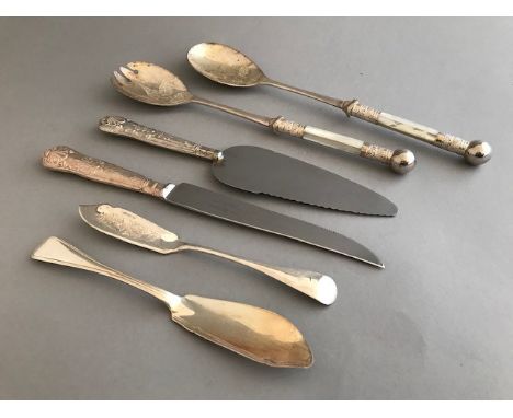 A William IV silver butter knife, old English thread pattern, London 1837, a plated butter knife, a modern silver handled cak