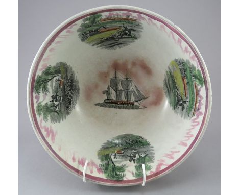 A mid-nineteenth century transfer-printed Sunderland lustre bowl, c.1840. It is decorated in enamel colours and lustre decora