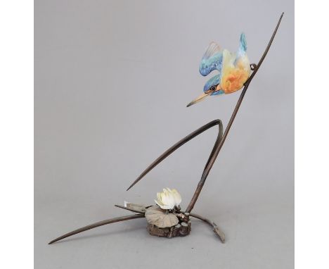 An Albany Fine China Co. ceramic bird study incorporating metal. Modelled as a Kingfisher. Factory mark to metal base. 20 cm 