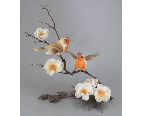 An Albany Fine China Co. ceramic bird study incorporating metal. Modelled as two Robins. Factory mark to metal base. 27 cm ta