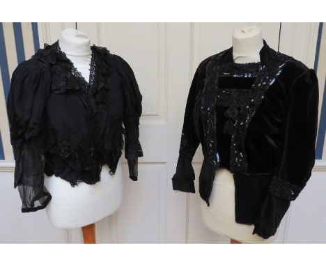 A black velvet Mourning jacket, bodice with a peplum design round the gathered hemline of the garment. The square neckline is