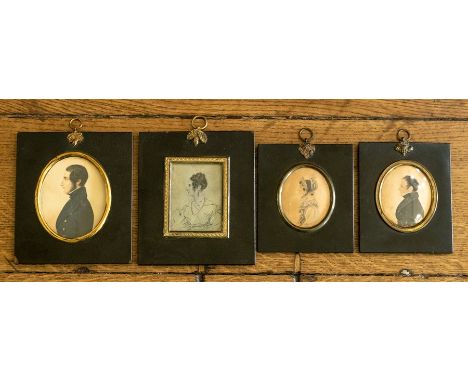 Four 19th Century profile portrait miniatures, on paper, two gentlemen and two ladies, black lacquer frames, largest 9cm by 7