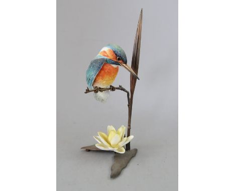 An Albany Fine China Co. ceramic bird study incorporating metal. Modelled as a Kingfisher. Factory mark to metal base. 19 cm 