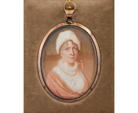 Attributed to John Cox Dillman Engleheart, circa 1830, an oval portrait miniature on ivory of a lady, bust length wearing a b