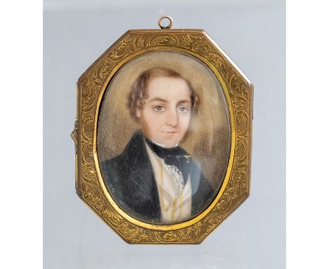 A mid 19th Century oval portrait miniature on ivory, circa 1850, young gentleman, bust length wearing a black stock, bright c