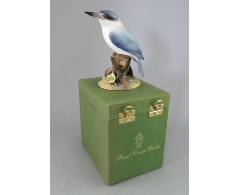 A Royal Crown Derby, Fine Bone China bird figure: Australian King Fisher. Including original hard-case. Factory mark to base.