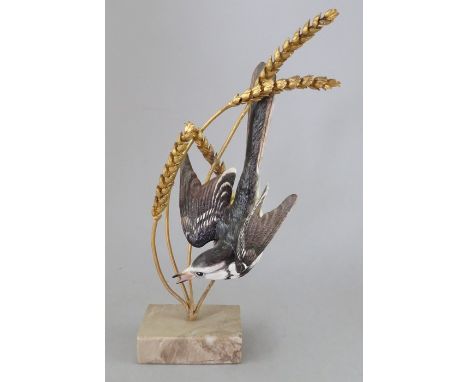 An Albany Fine China Co. ceramic bird study incorporating metal. Modelled as a Pied Wagtail. Unmarked. 23 cm tall. (1)Conditi