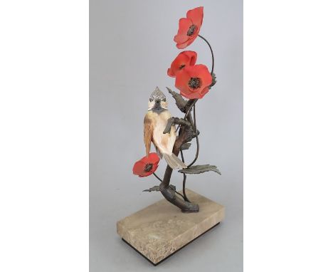 An Albany Fine China Co. ceramic bird study incorporating metal. Modelled as a Crested Tit. Factory mark to base. 29 cm tall.
