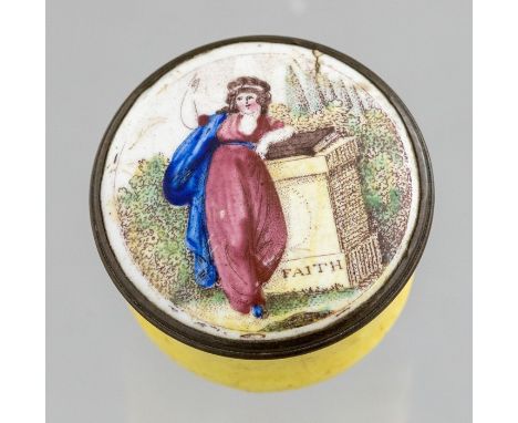 A Bilston circular enamel patch box, circa 1790, the cover with an image representing Faith, diameter 3cm