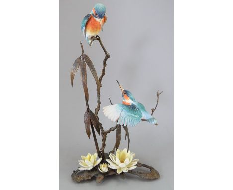 An Albany Fine China Co. ceramic bird study incorporating metal. Modelled two kingfishers. Factory mark to metal base. 35 cm 