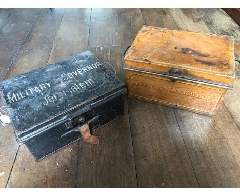 A late 19th Century wooden simulated tin deed trunk and a Military Governor Jerusalem tin trunk (2)
