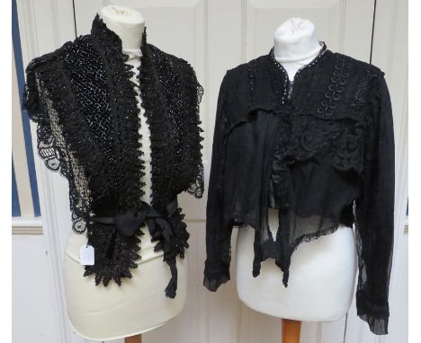 A 1880s/90s short silk and chiffon bodice with a decorative lace York, with small cut paste decorative stones/beads. The bodi