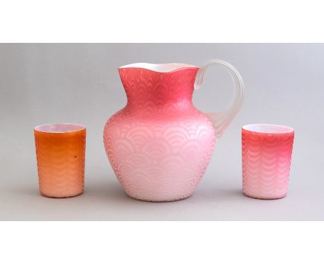 A late 19th Century ruby cased satin glass pitcher, circa 1880, clear pincered handle, ground pontil, height 18cm, together w