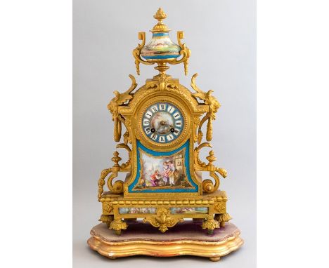 A 19th Century French ormolu bracket clock, circa 1870, of baroque design, inset Sevres style porcelain inserts, stamped by P