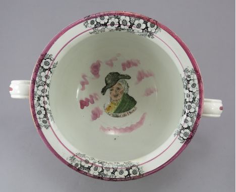 An early nineteenth century transfer-printed Sunderland lustre chamber pot c.1830-40. It is decorated in enamel colours and l