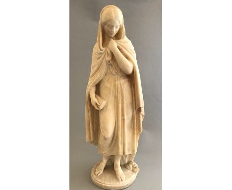 A 20th Century Italian alabaster statue of The Virgin Mary, standing wearing a cloak and holding a bible, unsigned, height 52
