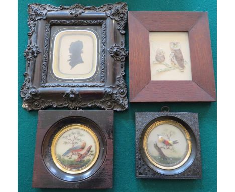 A pair of feather pictures of birds on branches, diameter 6.5cm, a similar owl picture and a silhouette profile portrait, all