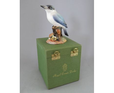 A Royal Crown Derby, Fine Bone China bird figure: Australian King Fisher. Including original hard-case. Factory mark to base.