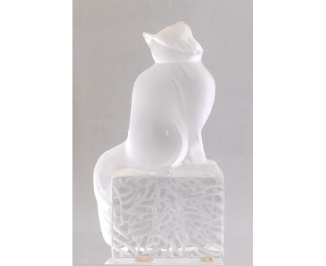 A Lalique frosted glass paperweight of a cat gazing upwards, signed Lalique R. France, height 15cmProvenance: the Roy Taylor 