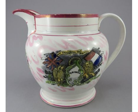 A mid-nineteenth century transfer-printed Sunderland lustre jug, c.1853. It is decorated in enamel colours and lustre decorat