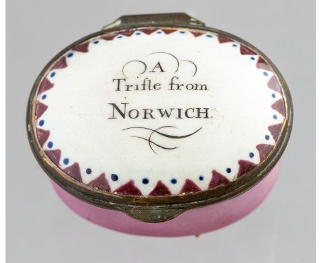 A Bilston enamel oval patch box, circa 1790, the cover with motto A Trifle from Norwich, width 4cm