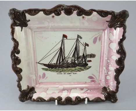 An early nineteenth century Sunderland lustre transfer-printed plaque, c.1840. It is decorated with a ship print with enamel 