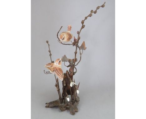 An Albany Fine China Co. ceramic bird study incorporating metal. Modelled as two Wrens. Factory mark to metal base. 36 cm tal