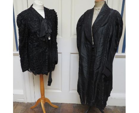 An Italian Mourning coat, which is fashioned in a long 3/4 design, heavily decorated in a braided cotton lace design, there i