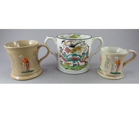 A nineteenth century transfer-printed loving cup decorated with the Farmers' Arms and two mould mugs c.1830-60. The loving cu