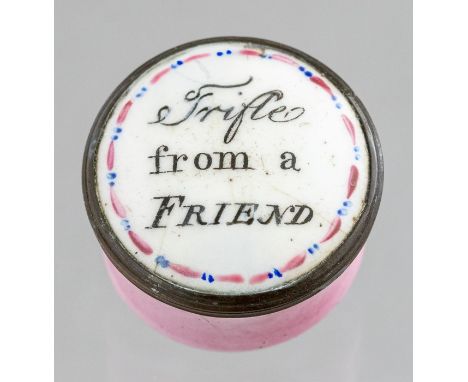 Two Bilston circular enamel patch boxes, circa 1790, each with a motto to the cover, diameter 2.5cm (2)