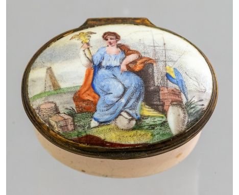 A Bilston enamel oval patch box, circa 1780, the cover with an image of Britannia, width 4cm