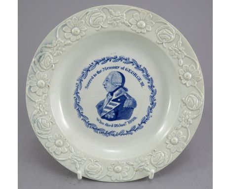 An early nineteenth century commemorative blue and white transfer-printed moulded child's plate, c.1820. It is decorated with