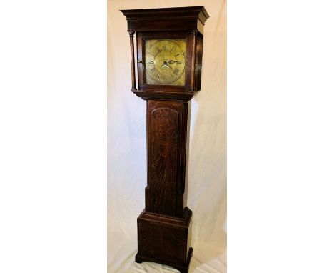 A George III period 30-hour longcase clock, circa 1780, moulded pediment above turned columns either side, 12inch brass dial 