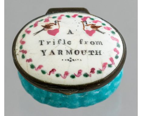 A Bilston enamel oval patch box, circa 1790, motto to the cover A Trifle from Yarmouth, width 4cm&nbsp;