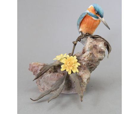 An Albany Fine China Co. ceramic bird study incorporating metal. Modelled as a Kingfisher. Factory mark to base. 13 cm tall. 