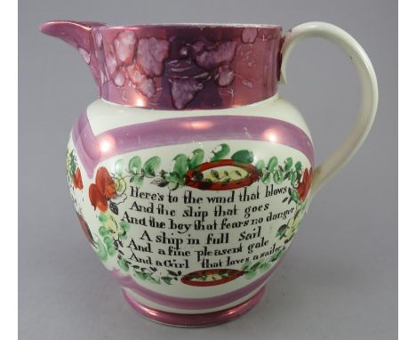 An early nineteenth century transfer-printed Sunderland lustre jug, c.1830. It is decorated in enamel colours and lustre deco
