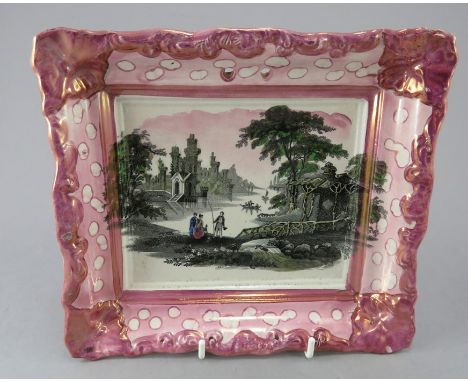 An early nineteenth century Sunderland lustre transfer-printed plaque, c.1830-40. It is decorated with a landscape print with