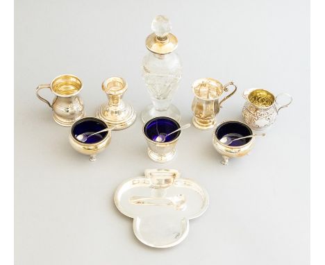 An Edwardian silver club shaped trinket dish, maker Goldsmiths, London 1901, together with various assorted condiments, a sma