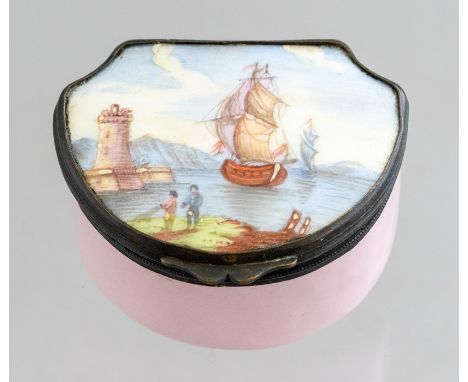 A Bilston enamel patch box, circa 1780, of segment form, the cover with a shipping scene, width 5cm 
