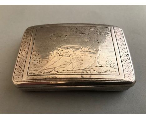 A George III silver pocket snuff box, of curved form, the cover engraved with a reclining classical maiden and cherubs, the b