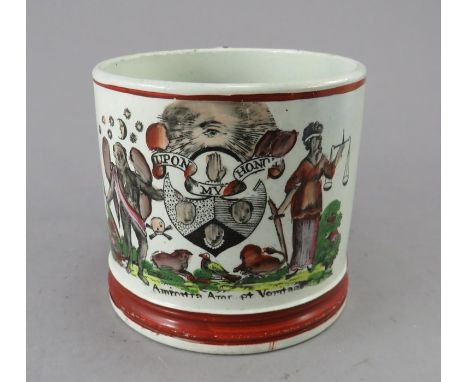 An early nineteenth century pearlware transfer-printed mug, c.1820. It is decorated with a print titled; Upon my Honor with e