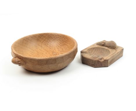 A ‘Mouseman’ Thompson oak bowl and an oak ash tray, the circular bowl with adzed exterior carved with a mouse, 15.5cm dia, th