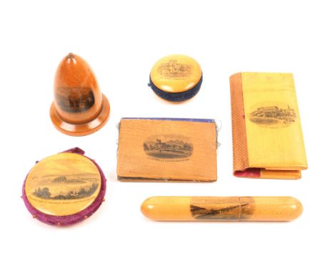 Mauchline ware – sewing – six pieces comprising a thimble case (Beaumaris Castle) 6.2cm, a circular pin cushion (Pwllheli And