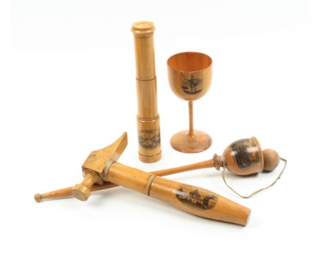 Mauchline ware – four pieces, comprising a goblet on fine stem (Charles II/Part of The Large Tree of Kippenross…/various meas