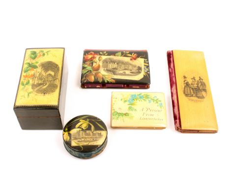 Mauchline ware – sewing  - five pieces comprising a large format needlepacket book, internal numerical gold titles (Welsh Mar