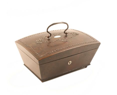 An early 19th Century Palais Royal small format sewing box with a complete complement of tools, the stained burr ash rectangu