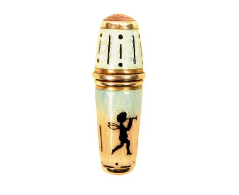 An unmarked silver and enamel stone top thimble, compendium, in the style of Aksel Holmsen, the body with silhouette figure o