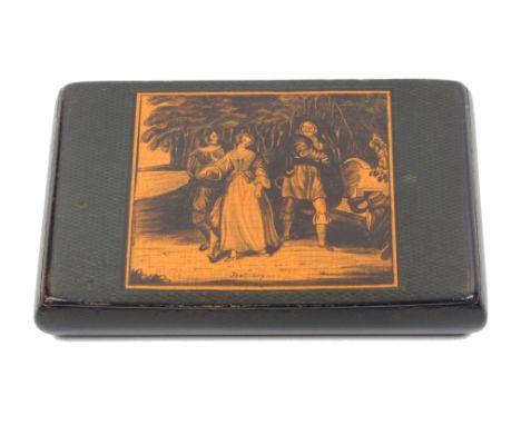 An early 19th Century hand decorated rectangular Scottish snuff  box, the lid decorated with a rectangular pen and ink panel 