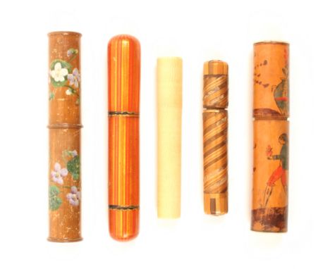 Five Bodkin cases comprising an early 19th Century orange and gilt lacquer example, twin opening, tortoiseshell lining, 14.5c